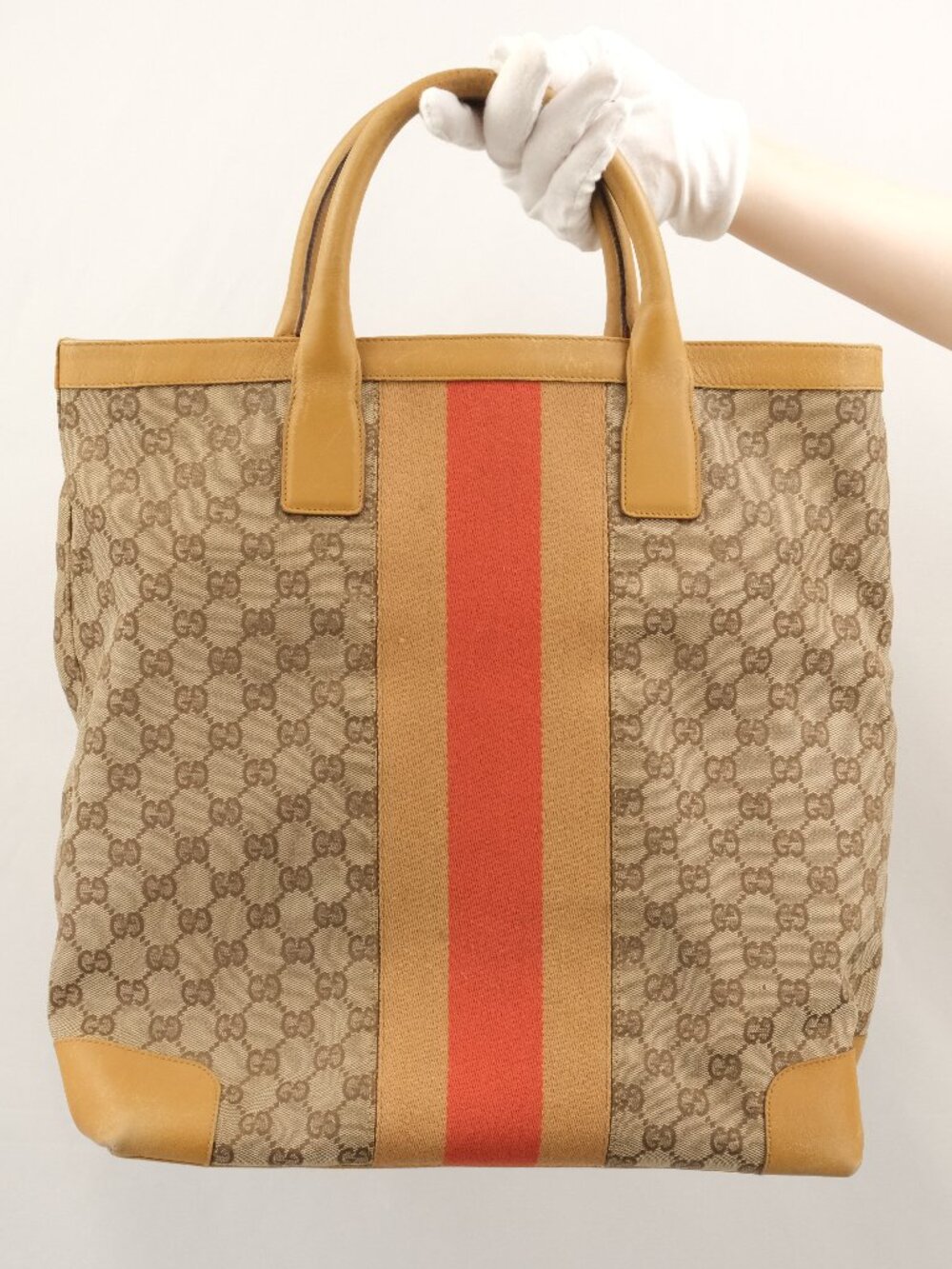 GUCCI GG Canvas Monogram Top Handle Shopper Tote Bag , Camel Brown Red